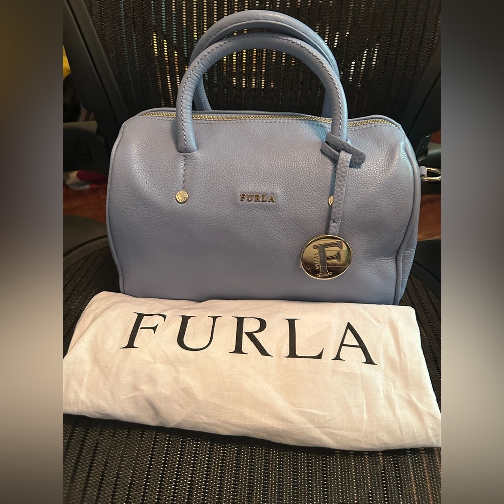 NWT Furla Alissa Small Satchel Light Blue Pebble Leather